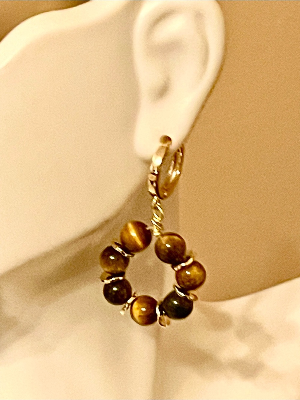 14k gold Hoop Earrings with Brown Tiger Eye Beads